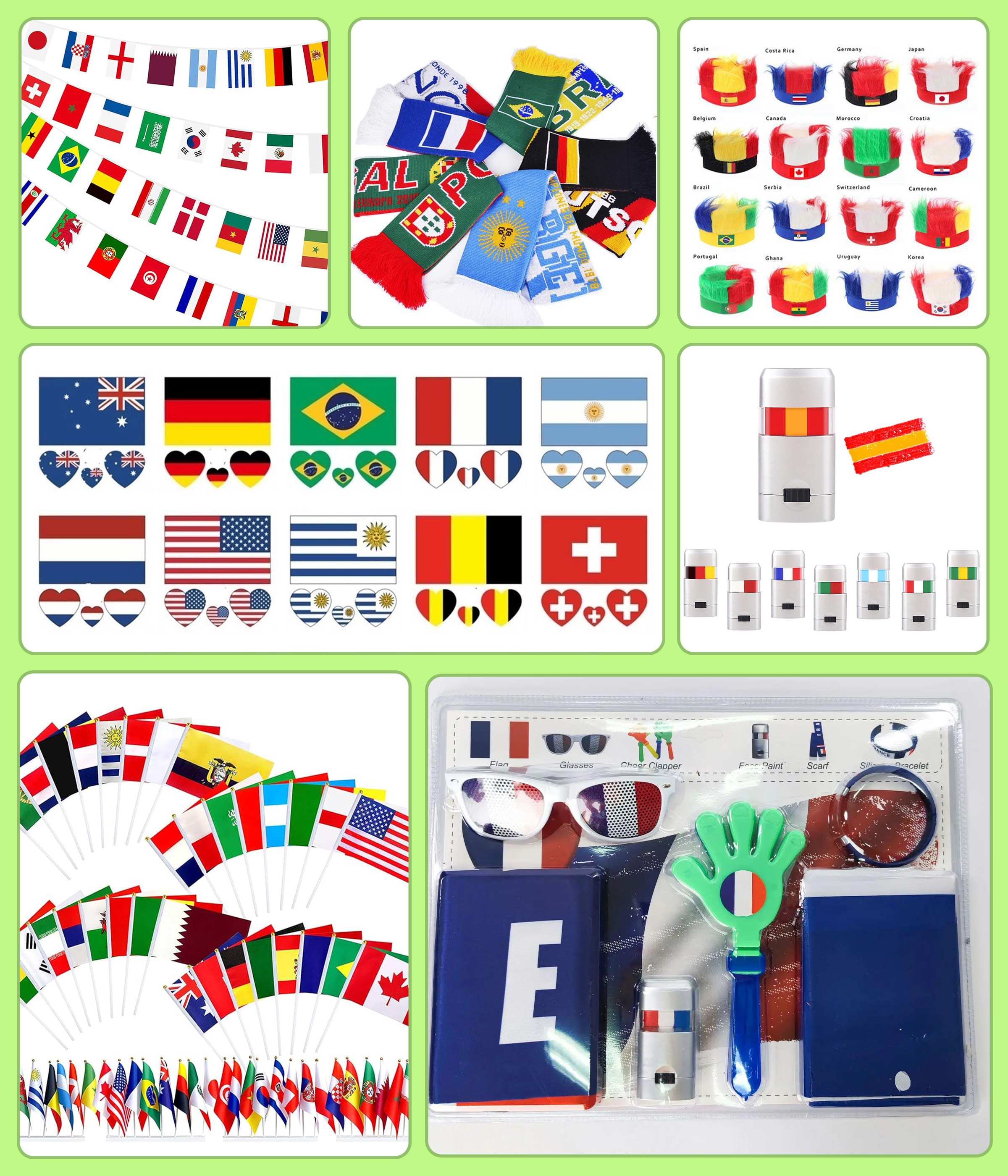 custom football gifts​, gifts for soccer fans, football temporary tattoos, custom printed scarves, face paint stick​, headband wig cap